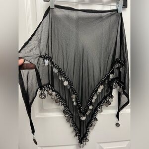 Black Sheer Belly Dance Hip Scarf with Silver Coins